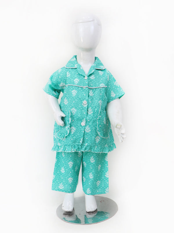 GNS01 NG Girls Cotton Night Suit 1Yrs - 5Yrs Leave Sea Green