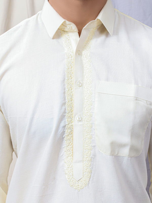 461/2E Men's Kameez Shalwar Stitched Suit Shirt Collar Cream