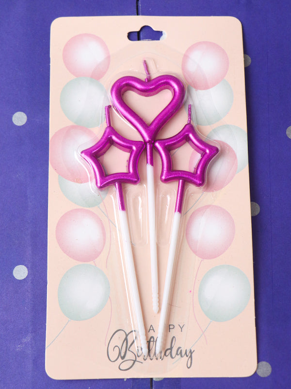 Pack Of 3 Heart & Stars Shocking Pink Cake Candles Set For Decoration BP26