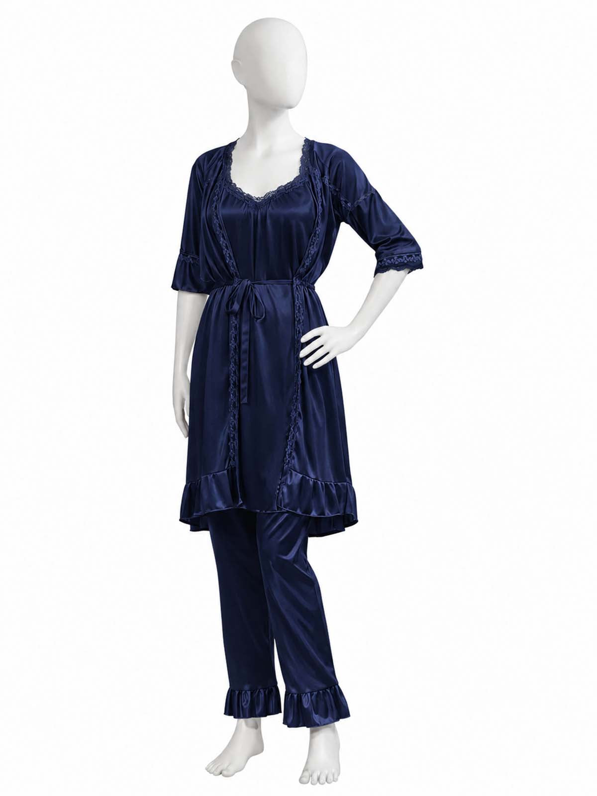 3 Piece Satin Navy Blue Nighty Set for Girls and Women WSN32
