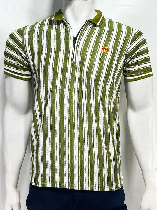 Green Old Money Striped Polo T-Shirt For Men MTS452
