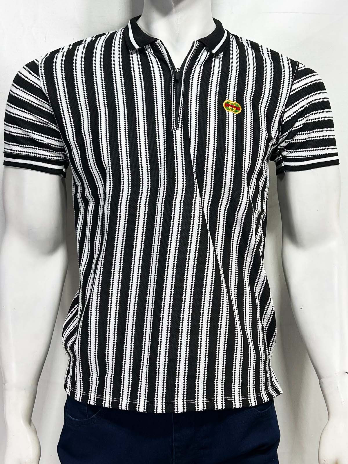 Black Old Money Striped Polo T-Shirt For Men MTS454
