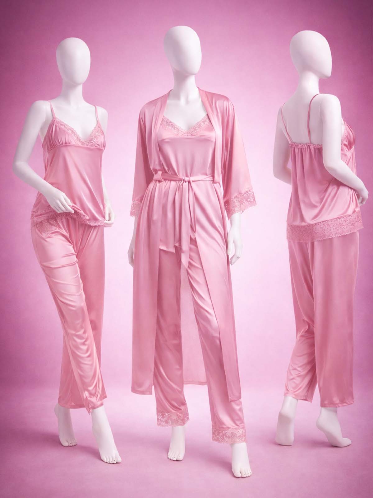 3 Piece Satin Pink Nighty Lingerie Set for Girls and Women WSN23