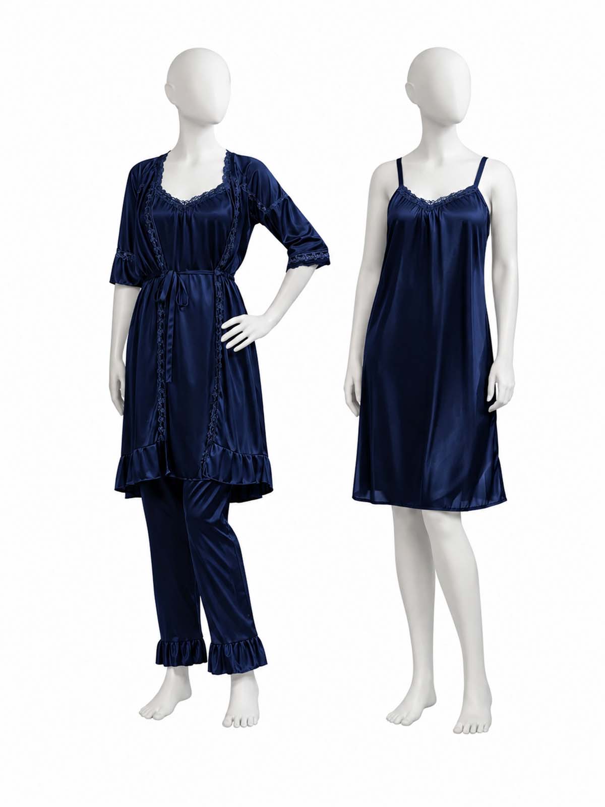 3 Piece Satin Navy Blue Nighty Set for Girls and Women WSN32