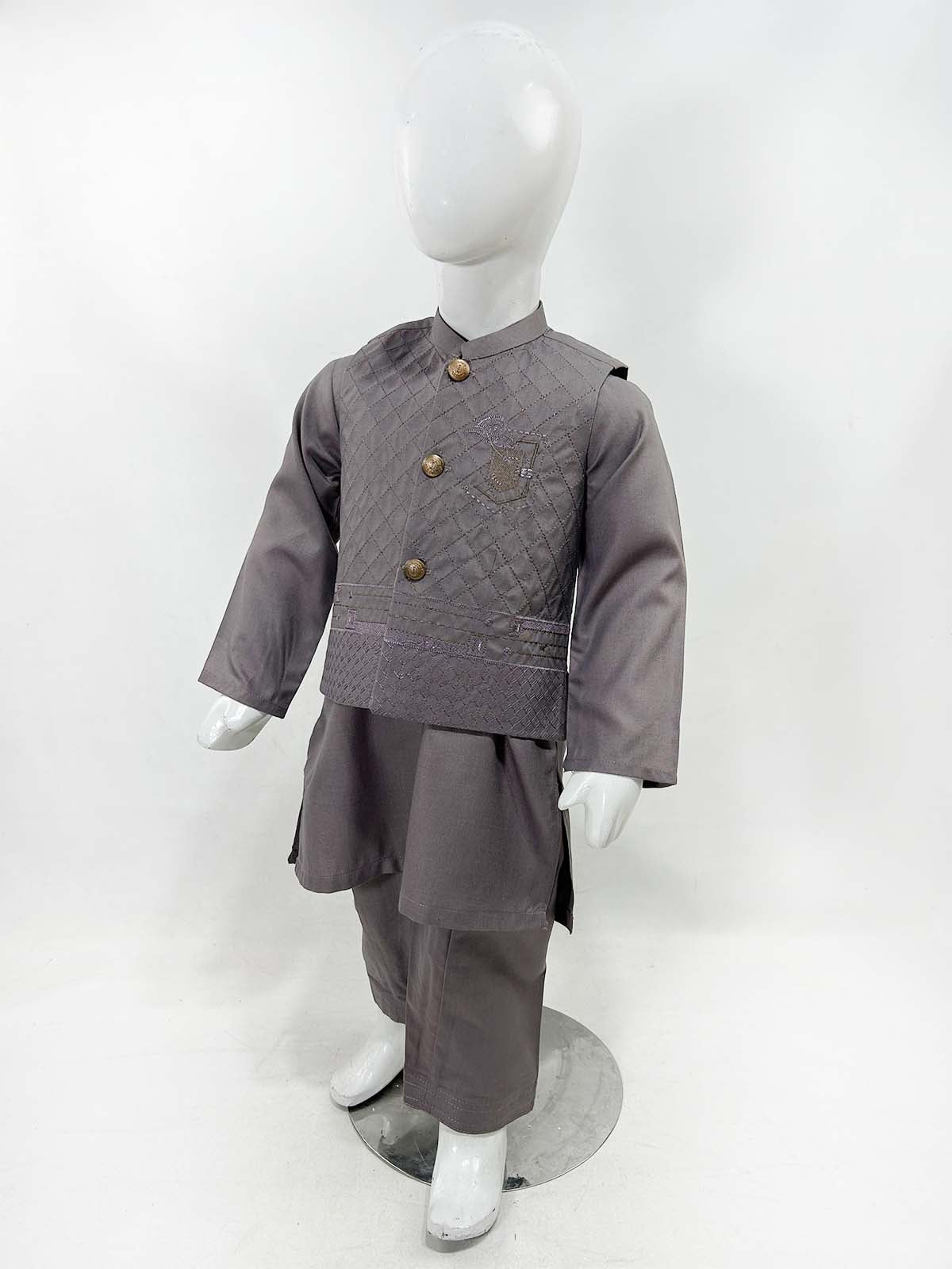 1Yrs - 11Yrs Wood Brown Kameez Shalwar with Waistcoat For Boys AM BKS154