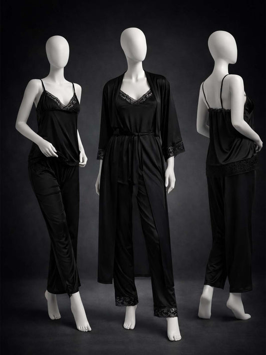 3 Piece Satin Black Nighty Lingerie Set for Girls and Women WSN24