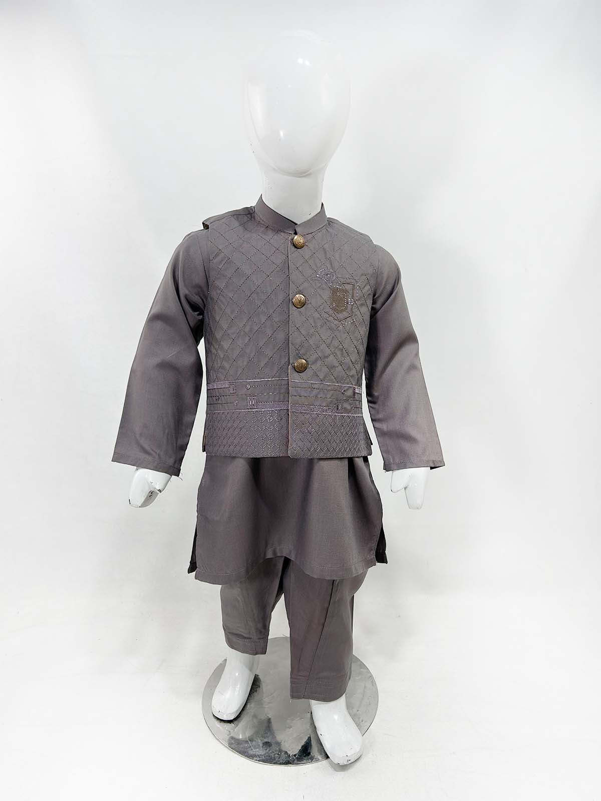 1Yrs - 11Yrs Wood Brown Kameez Shalwar with Waistcoat For Boys AM BKS154