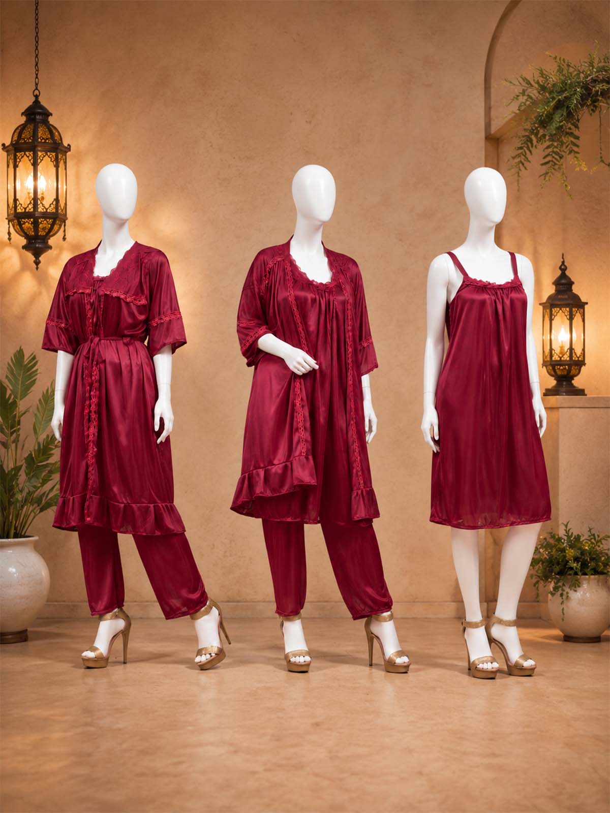 3 Piece Satin Maroon Nighty Set for Girls and Women WSN33