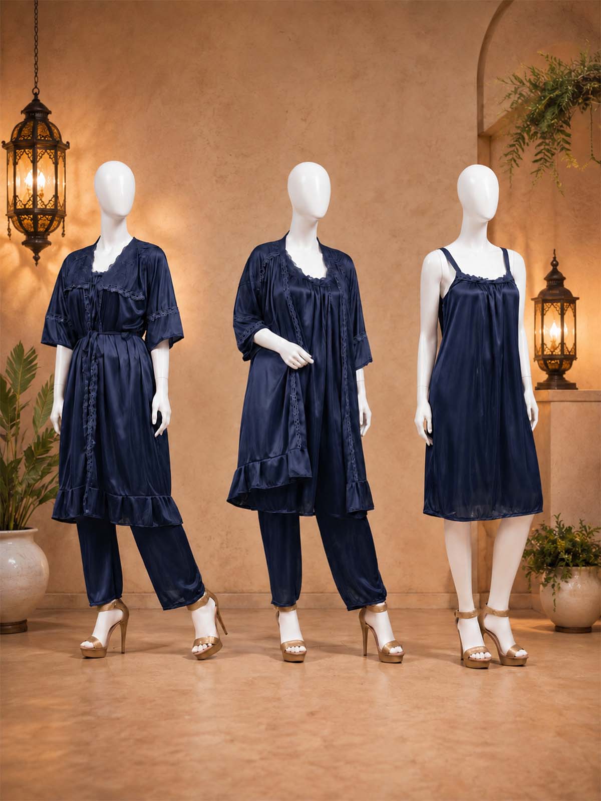 3 Piece Satin Blue Nighty Set for Girls and Women WSN34