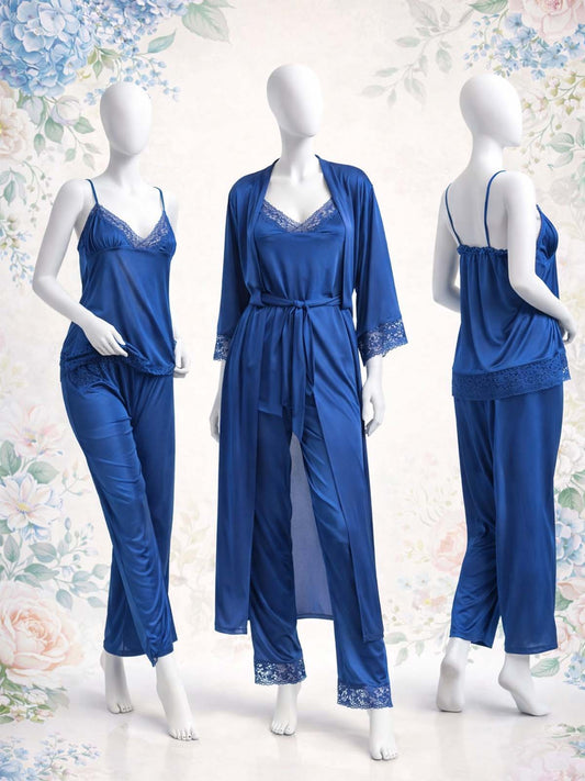 3 Piece Satin Blue Nighty Lingerie Set for Girls and Women WSN26
