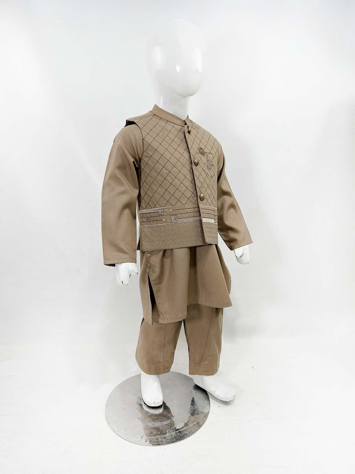 1Yrs - 11Yrs Brown Kameez Shalwar with Waistcoat For Boys AM BKS155