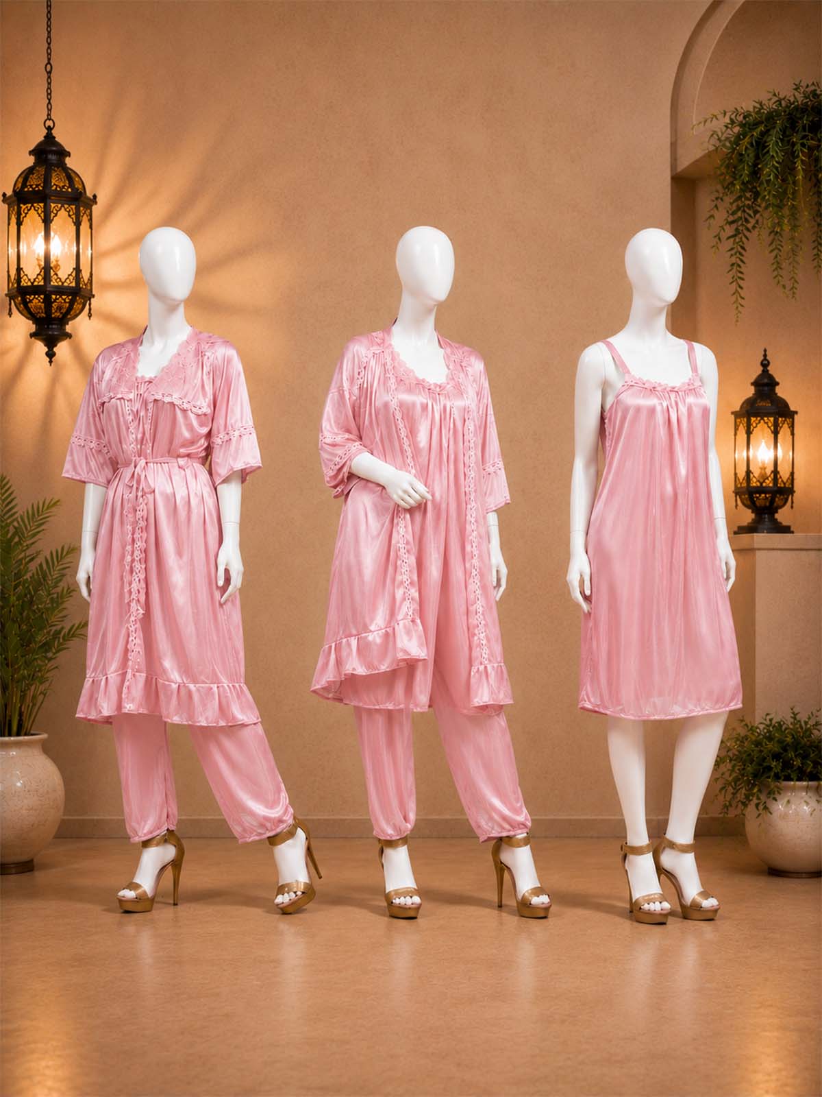 3 Piece Satin Pink Nighty Set for Girls and Women WSN36
