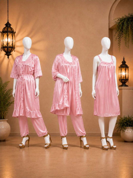 3 Piece Satin Pink Nighty Set for Girls and Women WSN36