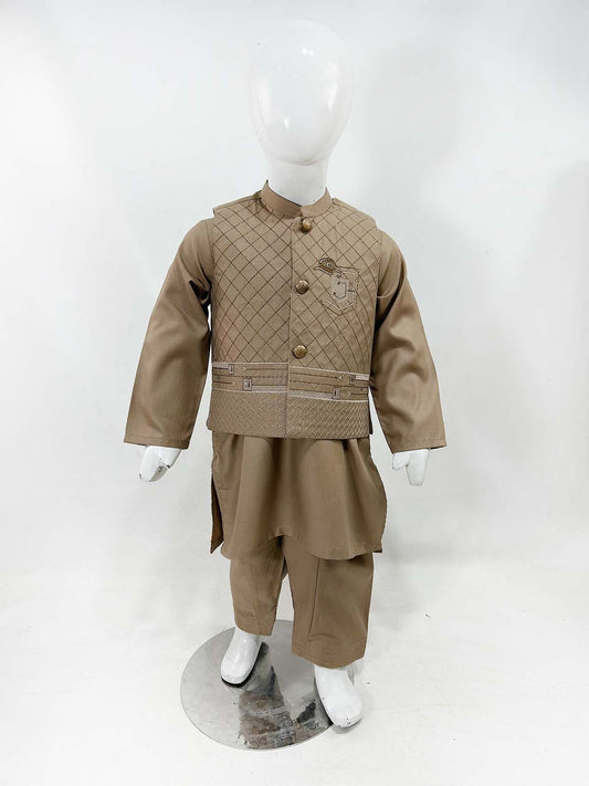 1Yrs - 11Yrs Brown Kameez Shalwar with Waistcoat For Boys AM BKS155