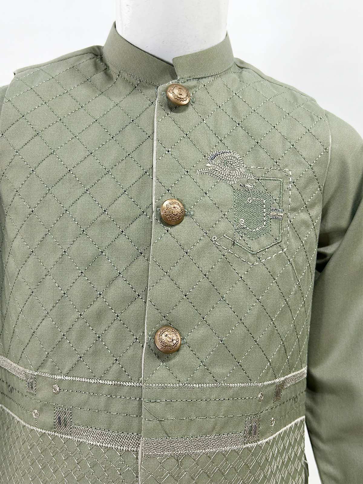 1Yrs - 11Yrs Green Kameez Shalwar with Waistcoat For Boys AM BKS156