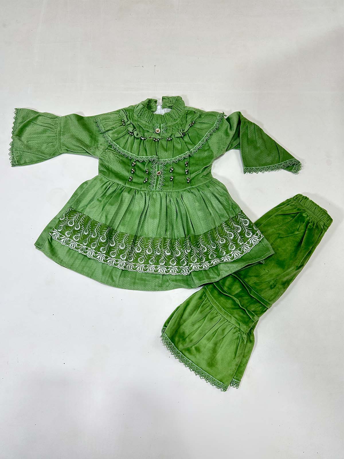 1Yr - 4Yrs Velour Green Suit For Girls RZ GS314