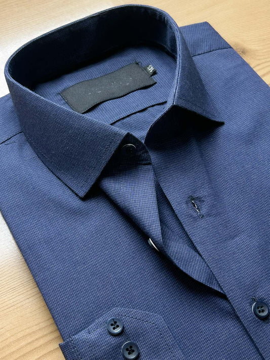 Dark Blue Micro Checks Premium Formal Dress Shirt For Men MFS494