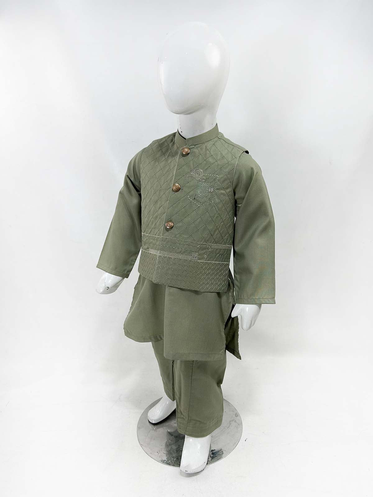 1Yrs - 11Yrs Green Kameez Shalwar with Waistcoat For Boys AM BKS156