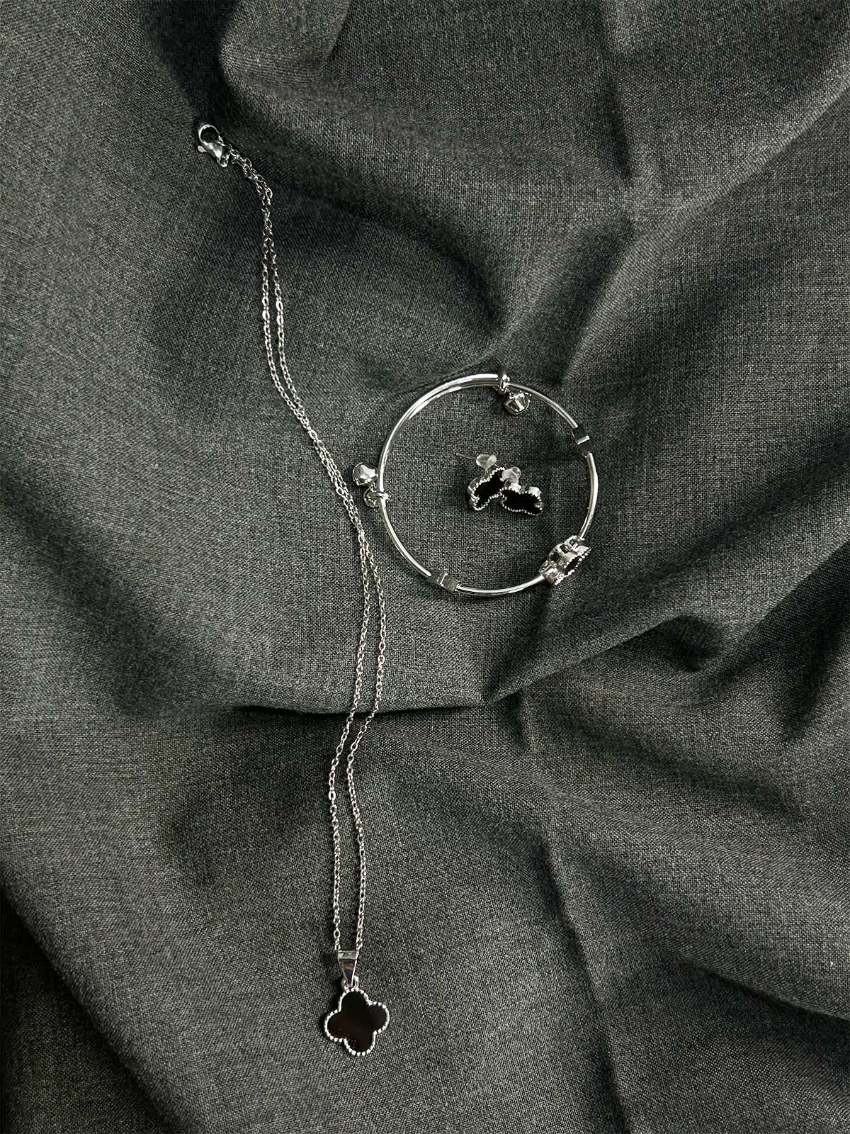 Silver Clover Necklace Earrings & Bracelet Set WGN11