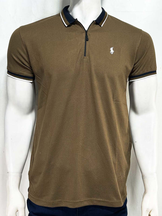 Brown Zip Polo T-Shirt For Men MTS450