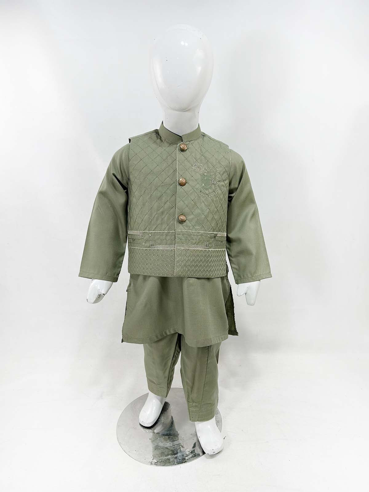 1Yrs - 11Yrs Green Kameez Shalwar with Waistcoat For Boys AM BKS156