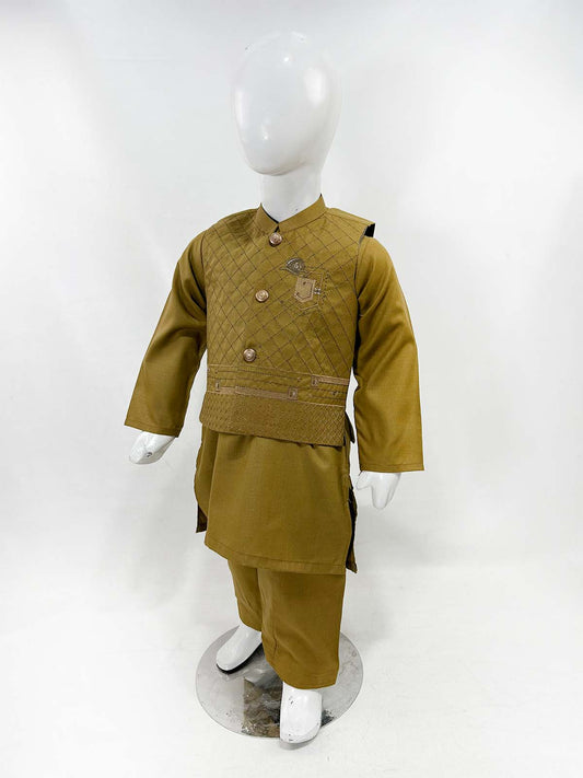 1Yrs - 11Yrs Bronze Kameez Shalwar with Waistcoat For Boys AM BKS157