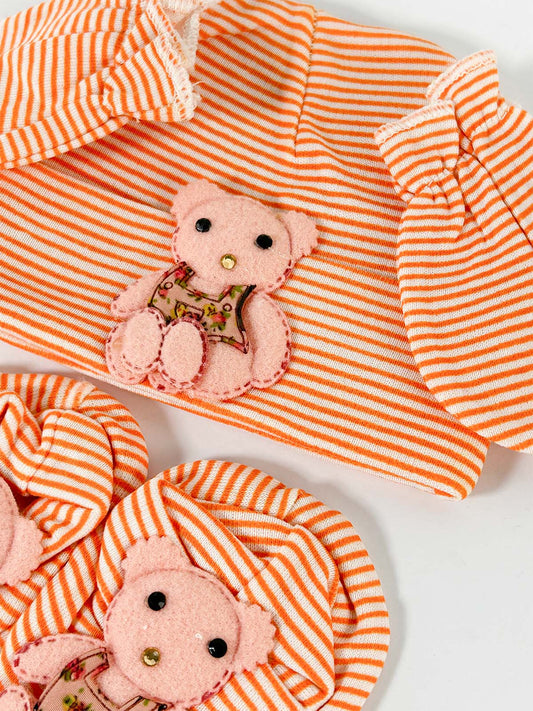 Orange Caps Mitten and Booties Set For Newborn