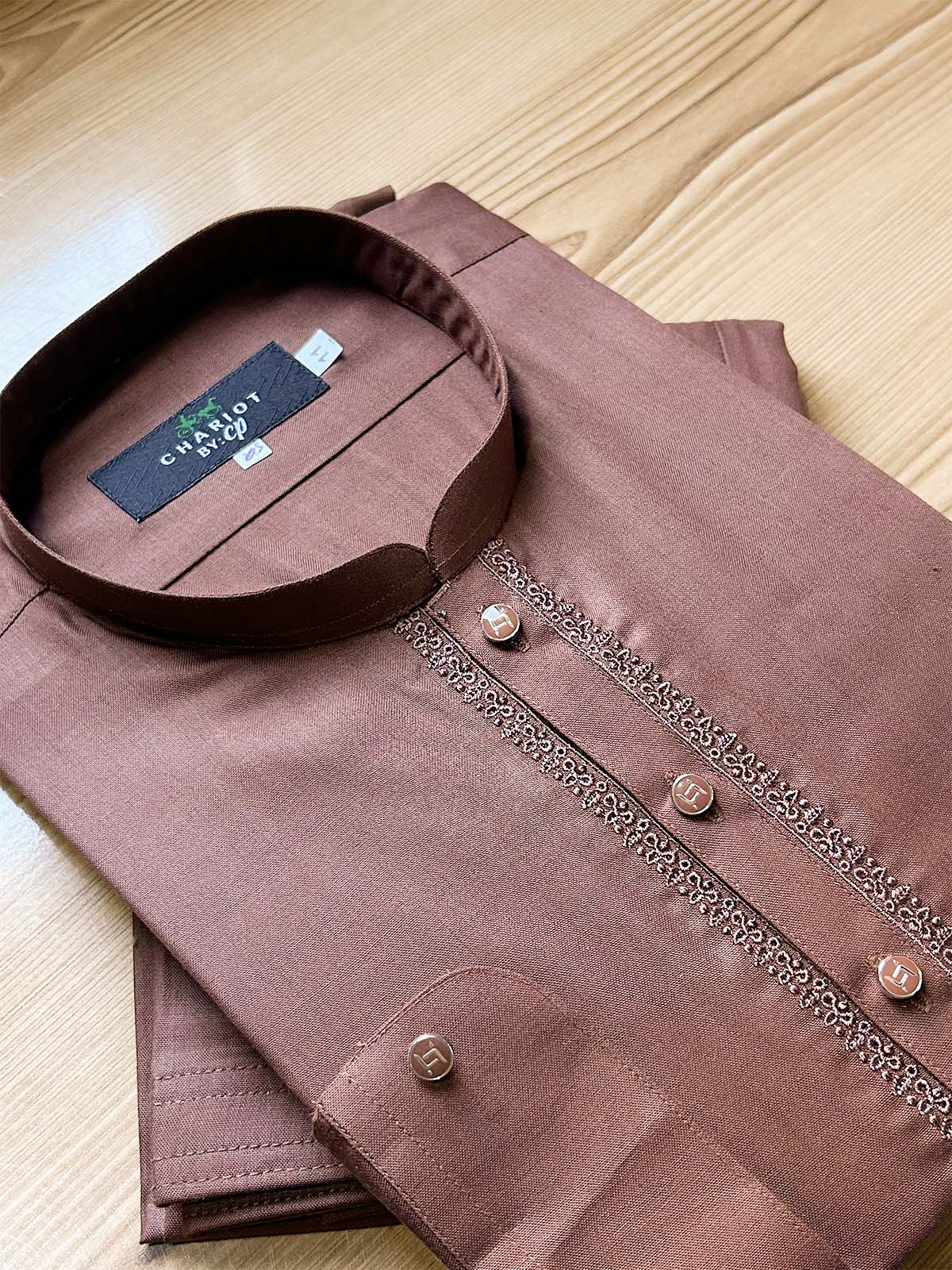 954B-5 Brown Stitched Suit Sherwani Collar Kameez Shalwar For Men MSK358