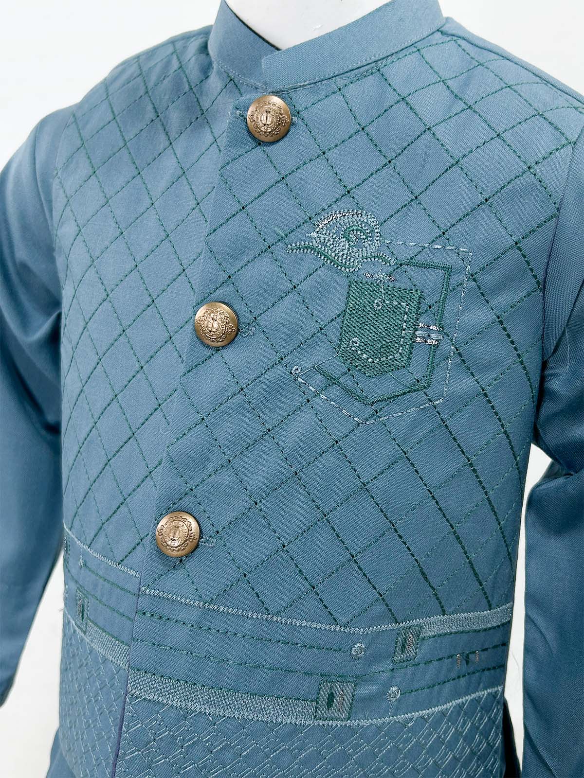 1Yrs - 11Yrs Blue Kameez Shalwar with Waistcoat For Boys AM BKS158