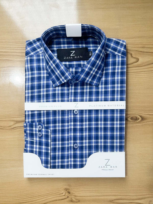 MFS608 Blue Checks Formal Dress Shirt For Men