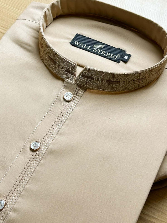 926-7 Beige Stitched Suit Sherwani Collar Kameez Shalwar For Men MSK453