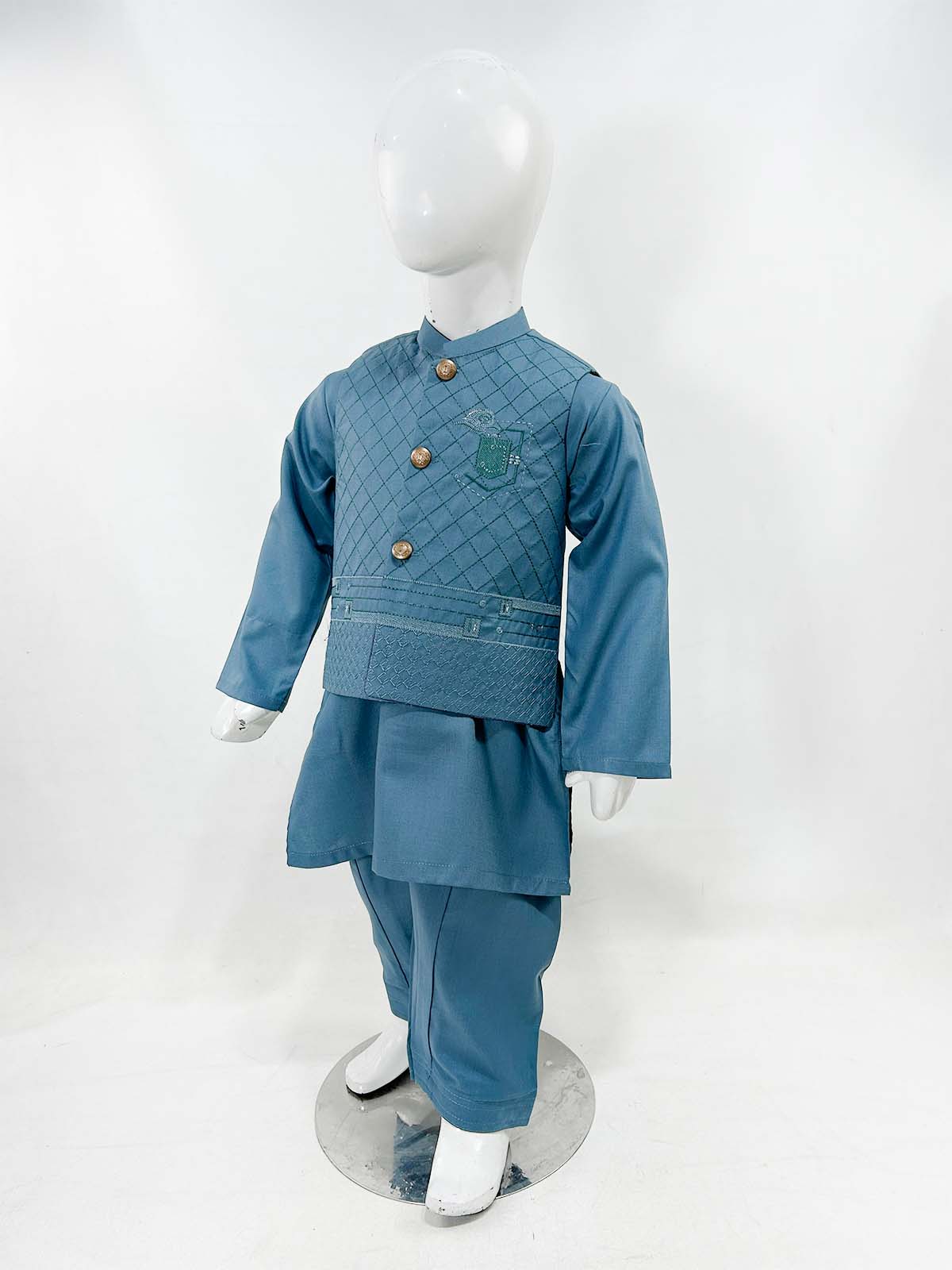 1Yrs - 11Yrs Blue Kameez Shalwar with Waistcoat For Boys AM BKS158