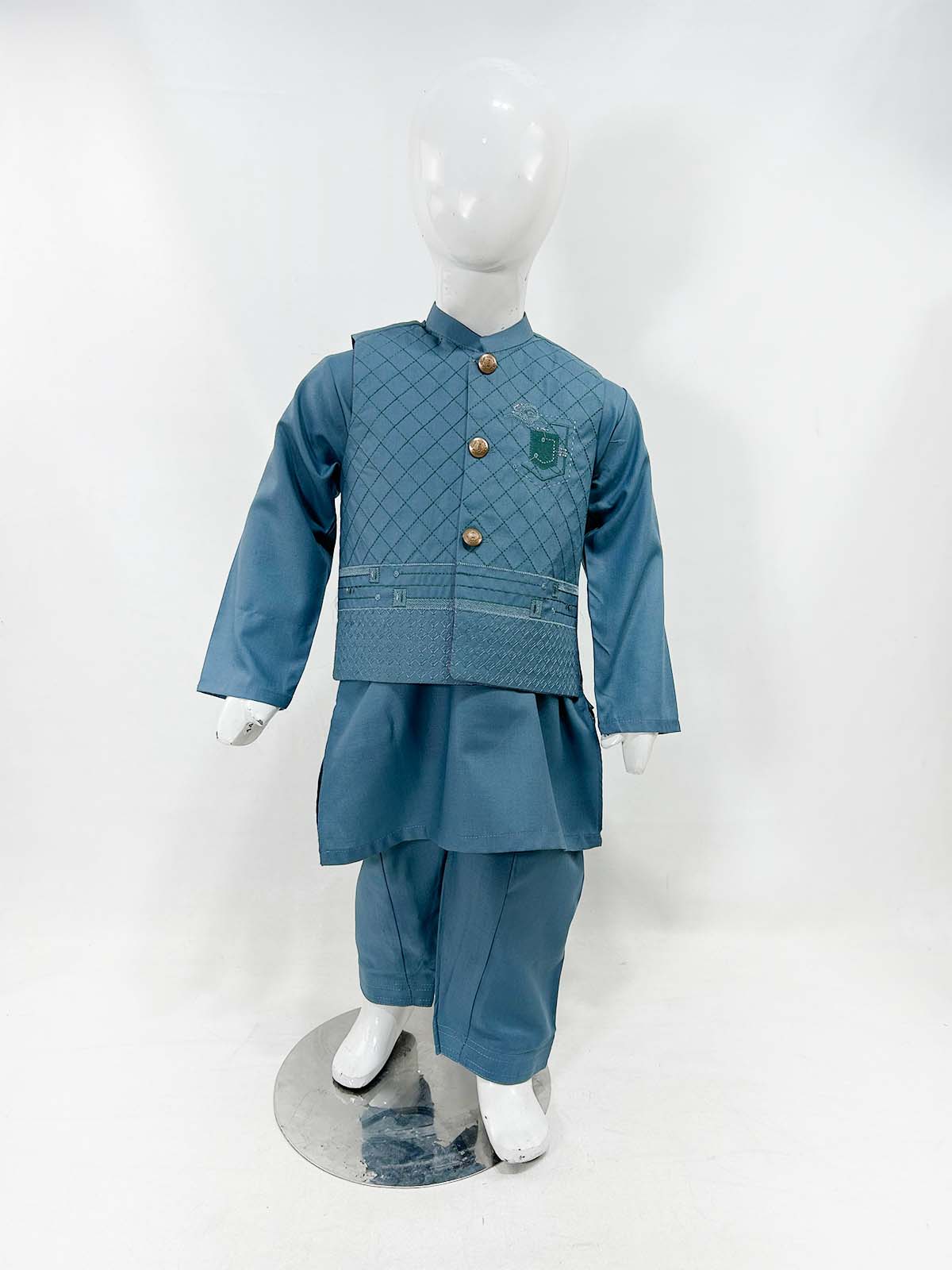 1Yrs - 11Yrs Blue Kameez Shalwar with Waistcoat For Boys AM BKS158