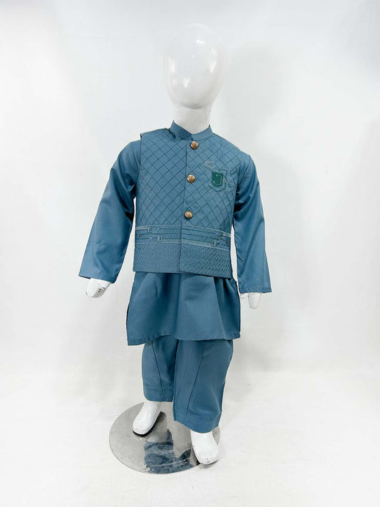 1Yrs - 11Yrs Blue Kameez Shalwar with Waistcoat For Boys AM BKS158