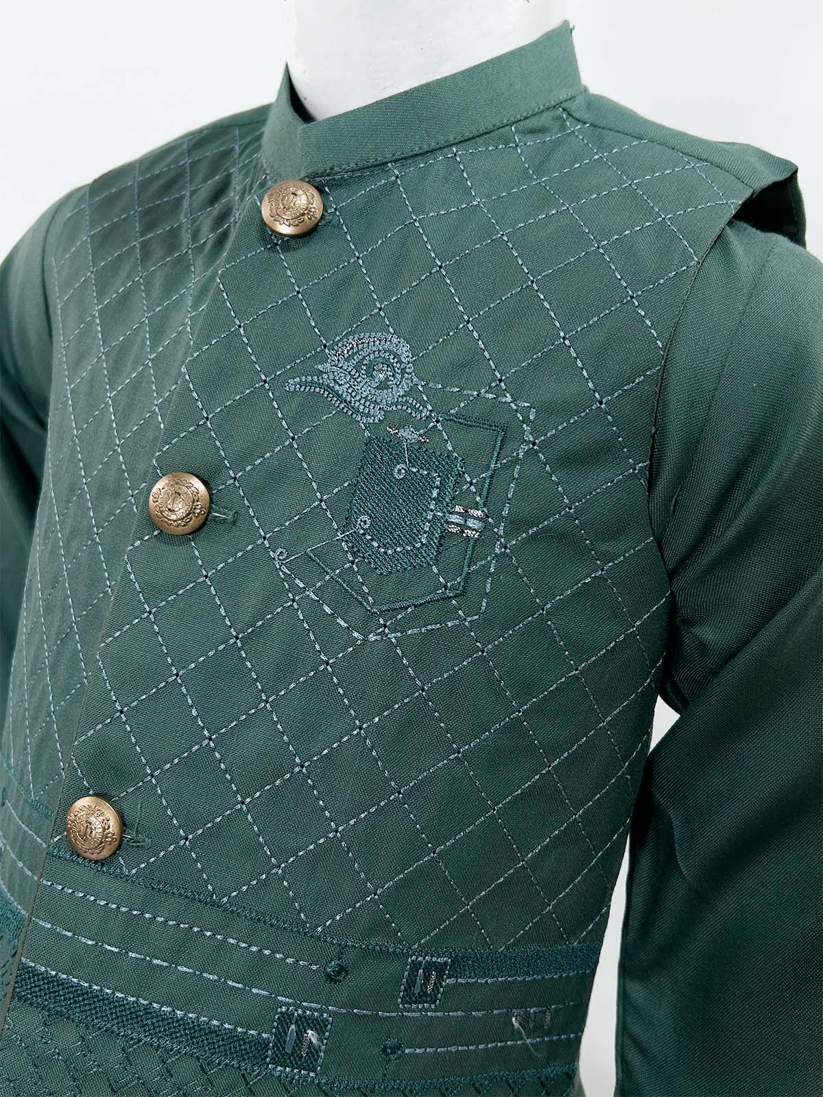 1Yrs - 11Yrs Dark Green Kameez Shalwar with Waistcoat For Boys AM BKS159