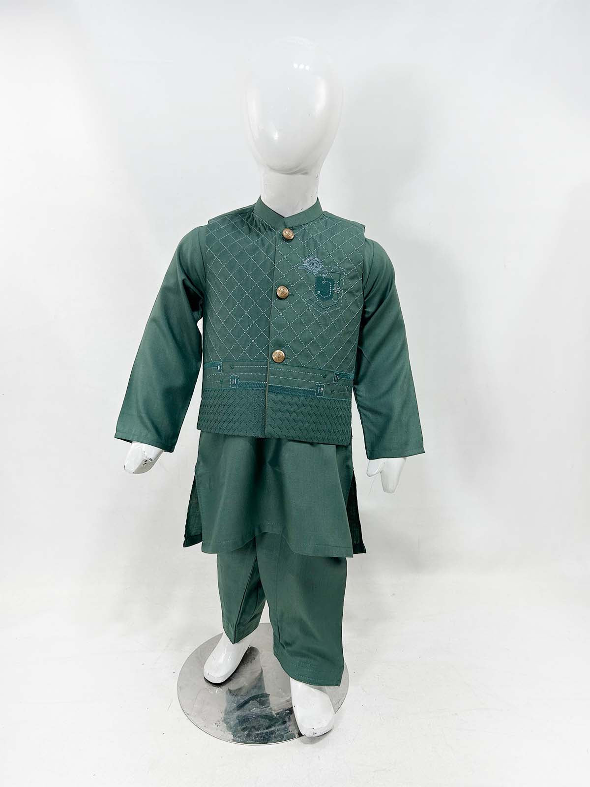 1Yrs - 11Yrs Dark Green Kameez Shalwar with Waistcoat For Boys AM BKS159