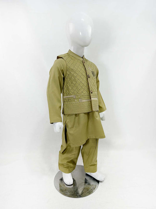 1Yrs - 11Yrs Fawn Kameez Shalwar with Waistcoat For Boys AM BKS160