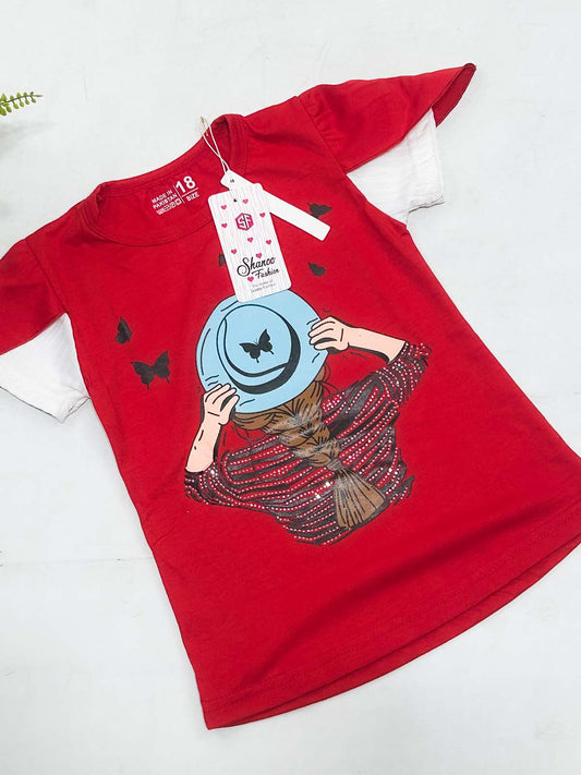 2Yrs - 7Ys Hat Red T-Shirt For Girls SK GTS109