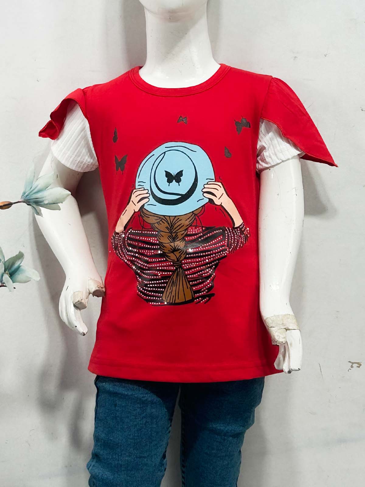 2Yrs - 7Ys Hat Red T-Shirt For Girls SK GTS109