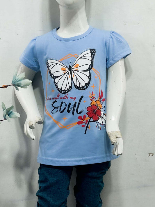2Yrs - 7Ys Butterfly Blue T-Shirt For Girls SK GTS96