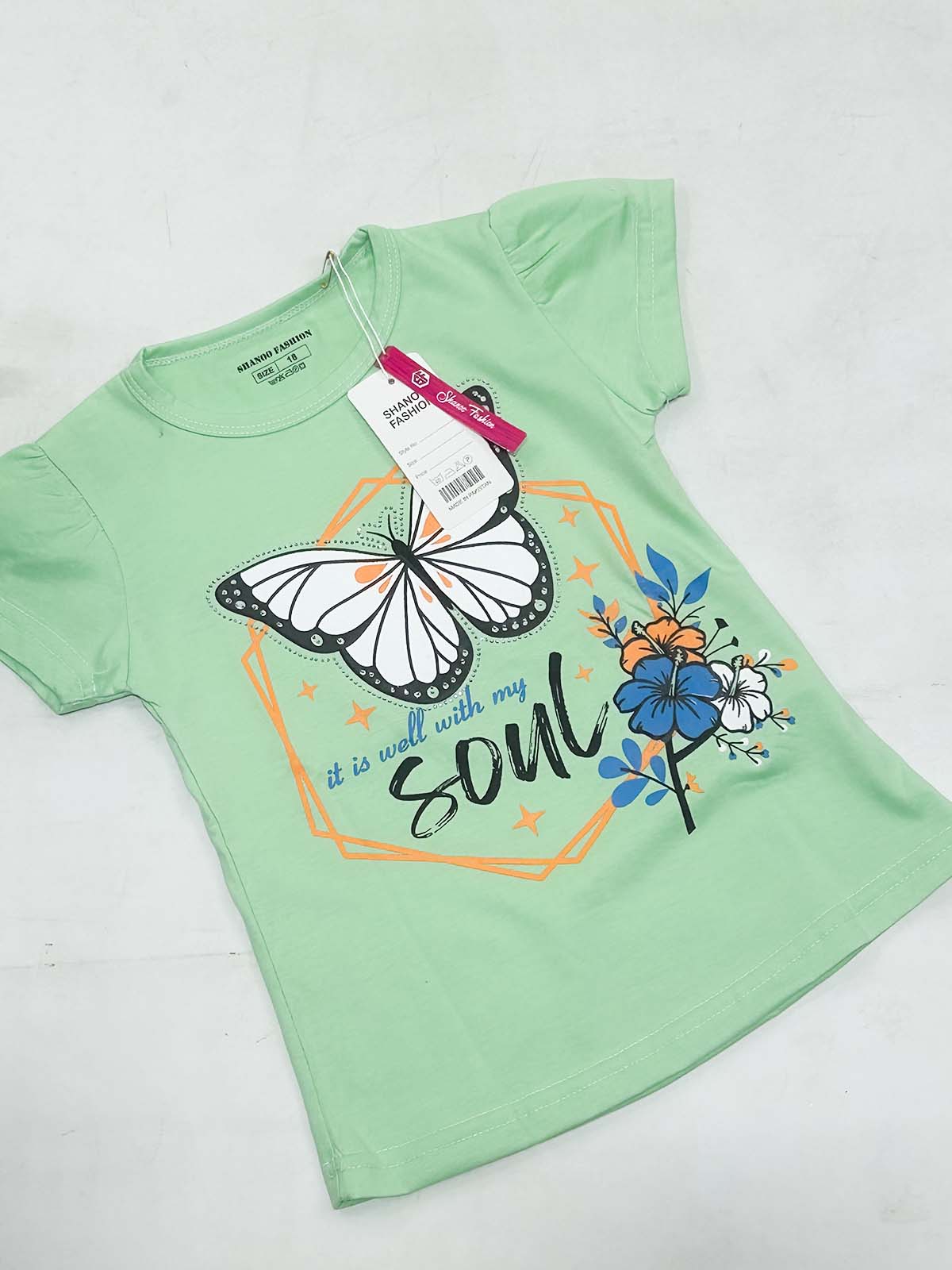 2Yrs - 7Ys Butterfly Green T-Shirt For Girls SK GTS95
