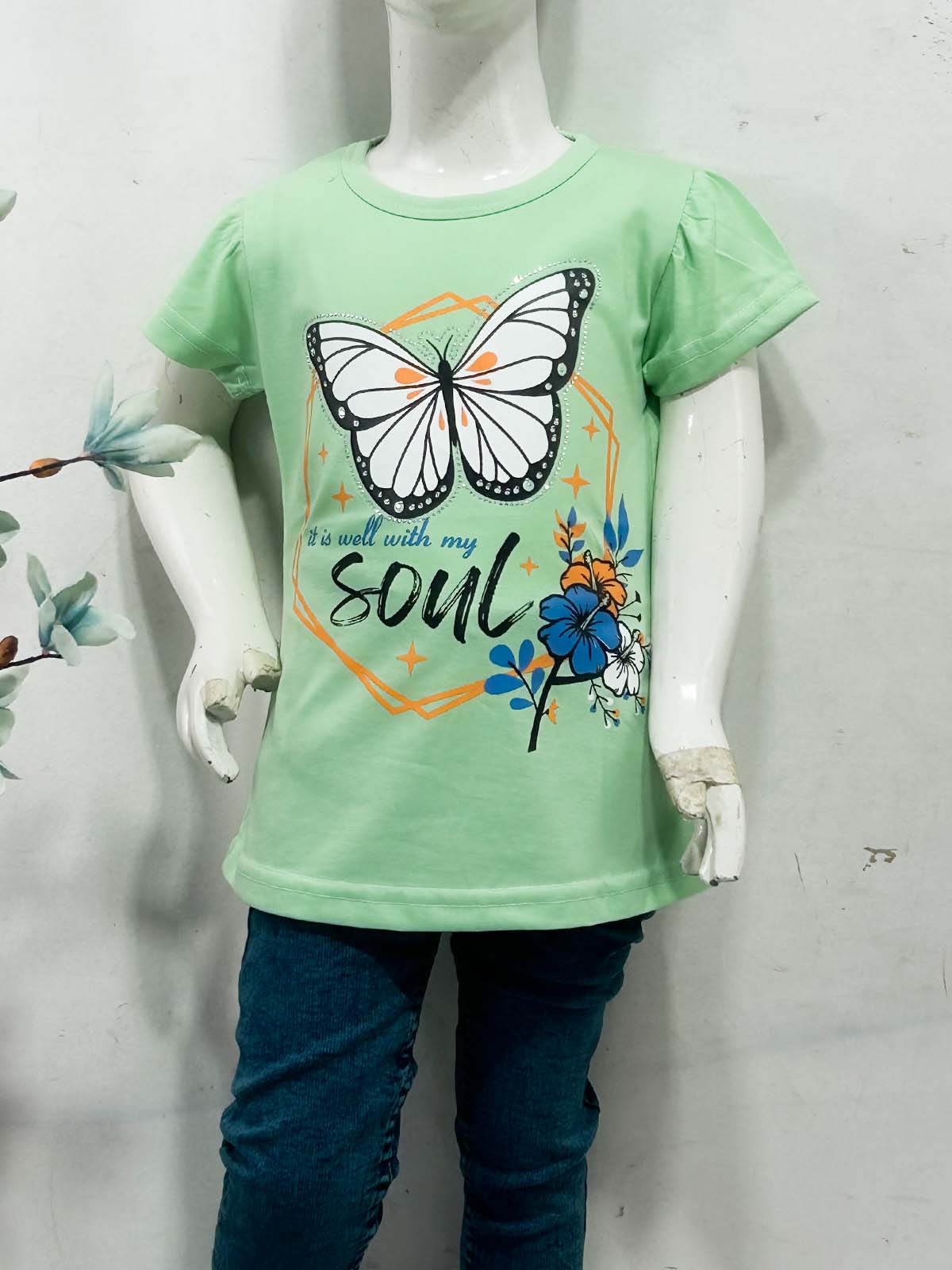 2Yrs - 7Ys Butterfly Green T-Shirt For Girls SK GTS95