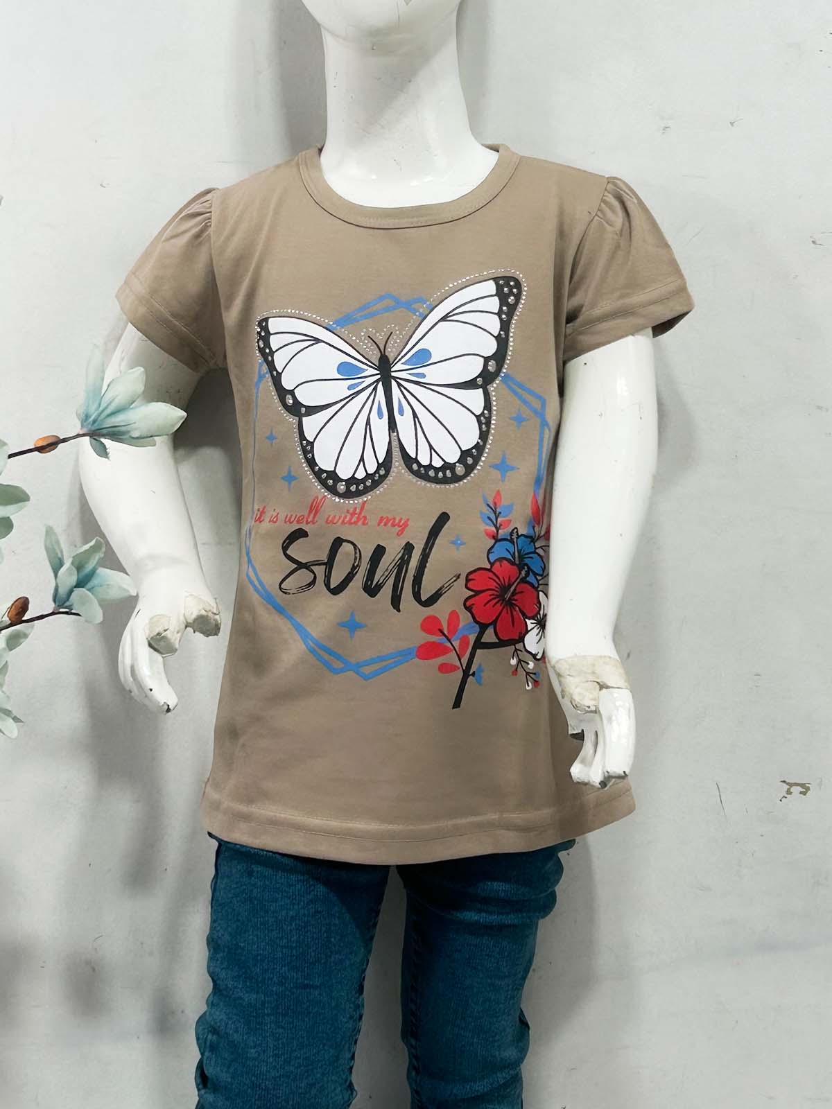 2Yrs - 7Ys Butterfly Brown T-Shirt For Girls SK GTS98