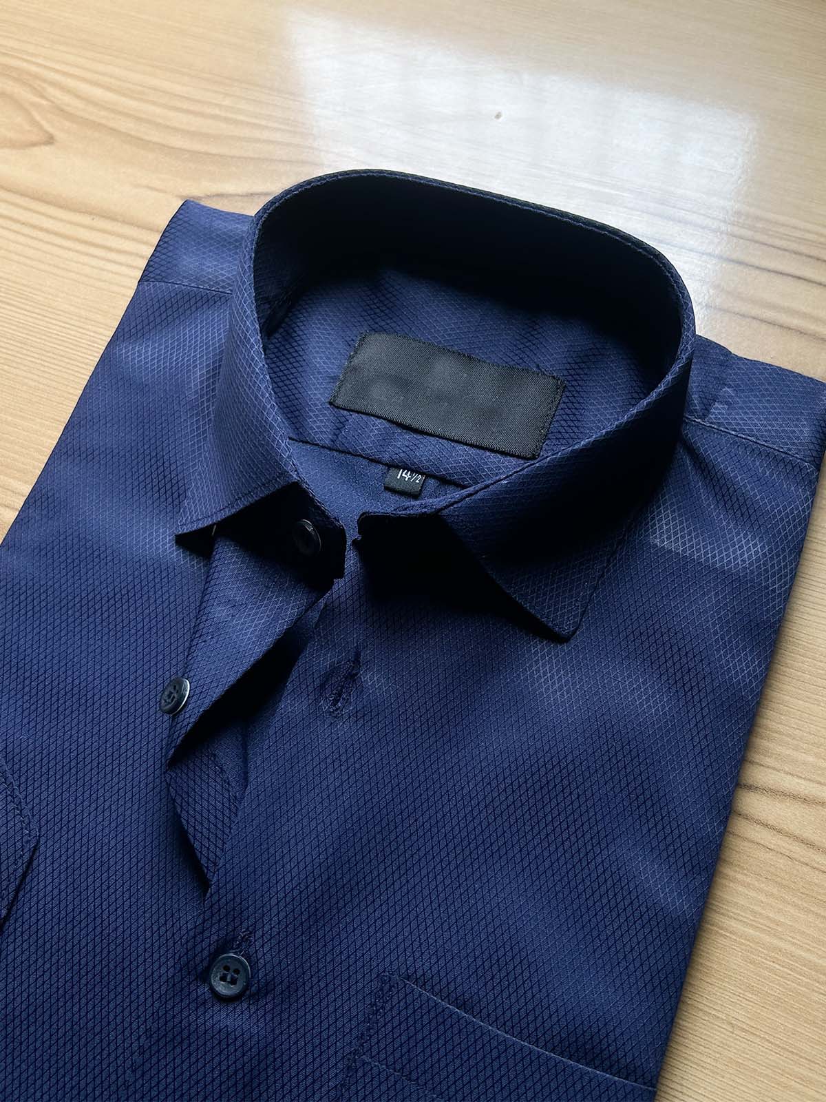 Dark Blue Textured Formal Dress Shirt For Men MFS523