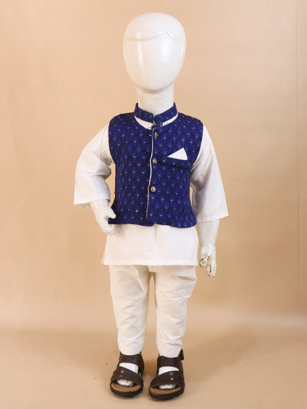 1Yrs - 5Yrs Dark Blue Waistcoat with White Kurta Pajama Suit For Boys BKS69