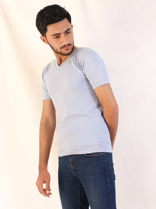 M Men's Plain V-Neck T-Shirt Light Blue