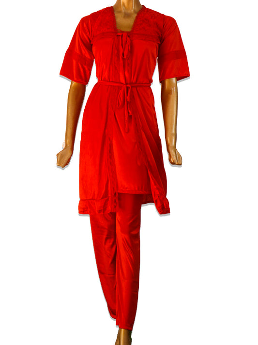 Red - 3Pcs Long Nighty For Women WLN01