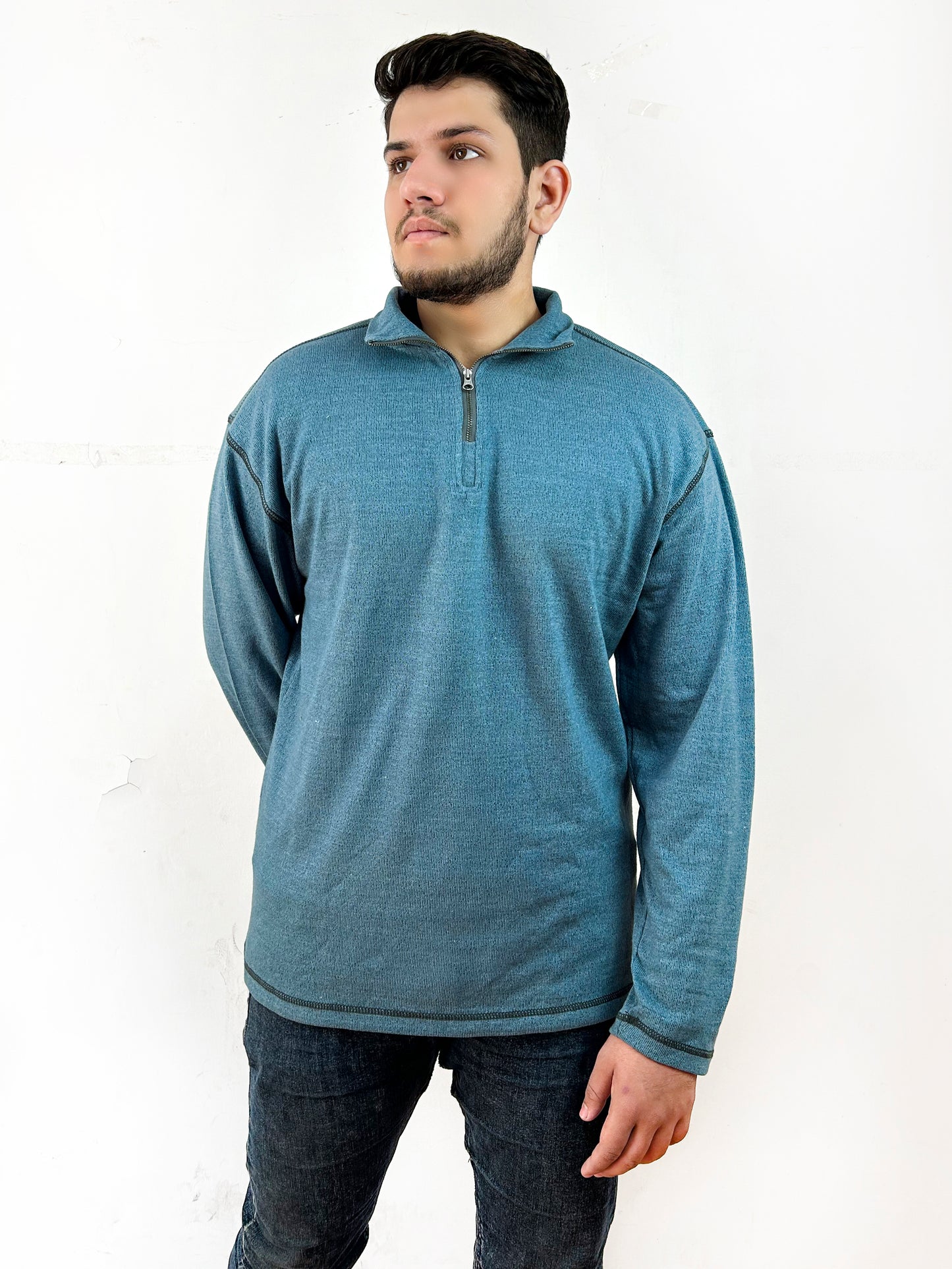 Sea Green Stand Neck Zipped Sweatshirt For Men MSS12