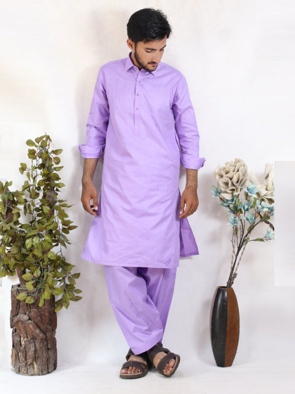 MSK47 AN Men's Kameez Shalwar Plain Stitched Suit Shirt Collar Purple