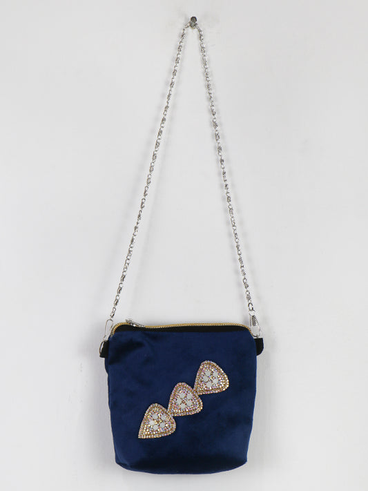Stylish Velvet Handbag For Girls Heart Navy Blue 34